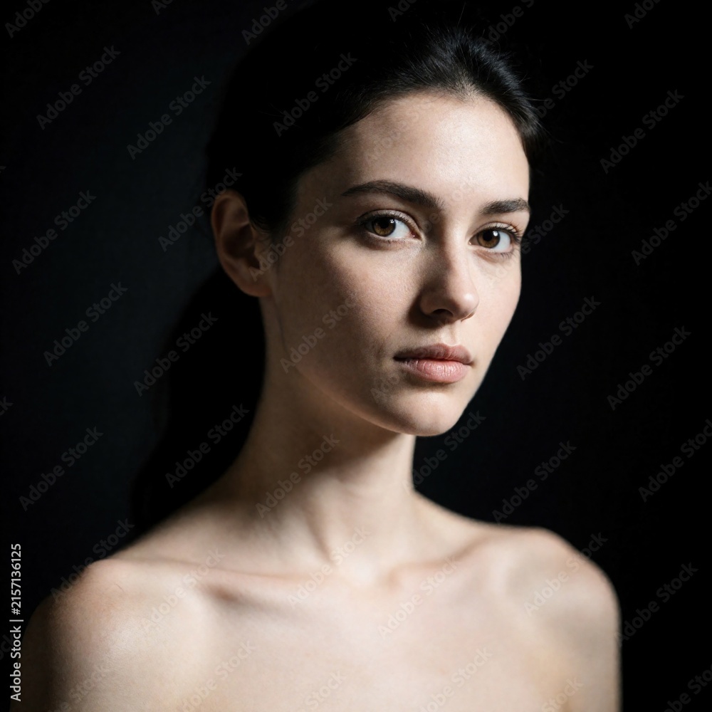 Fototapeta premium Young woman gazes forward. Soft lighting shapes her face and bare shoulders. Dark background focuses on her serene and thoughtful expression. Natural beauty and calm mood.