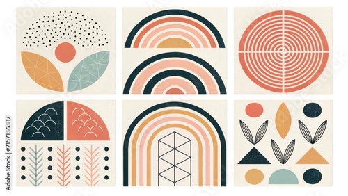 A collection of six minimalist abstract art panels featuring geometric shapes, rainbows, organic leaf patterns, and textured elements in a muted earth-toned color palette.