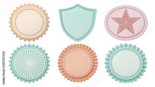 A collection of six distinct, high-quality 3D render style circular and shield-shaped badges featuring soft pastel colors, textured surfaces, and intricate decorative edge patterns.