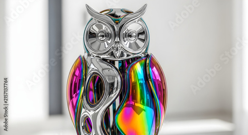 Modern chrome and iridescent rainbow owl sculpture