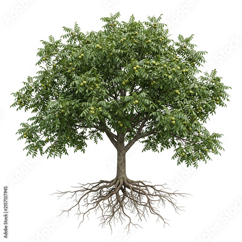Claro Walnut tree, mature full tree with broad canopy, pinnate leaves and green walnut fruits, exposed visible roots, 11 ratio, isolated on seamless pure white background