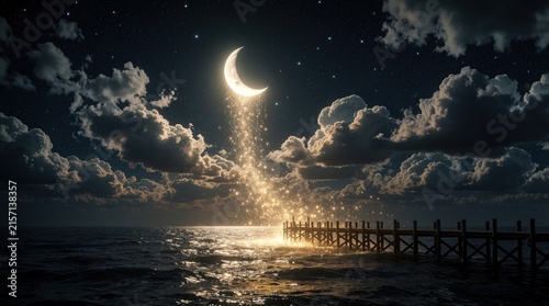 Crescent moon shines over dark sea with sparkling stardust falling into ocean water. Wooden pier stretches into waves under starry night sky. Dreamy fantasy landscape features glowing clouds, magical