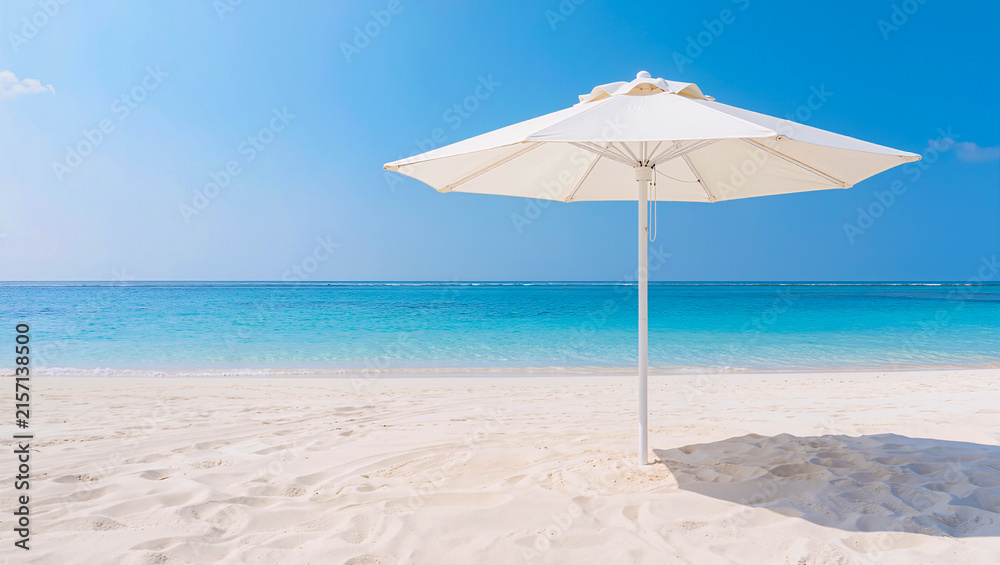 Fototapeta premium White Beach Umbrella on Sandy Beach with Ocean View