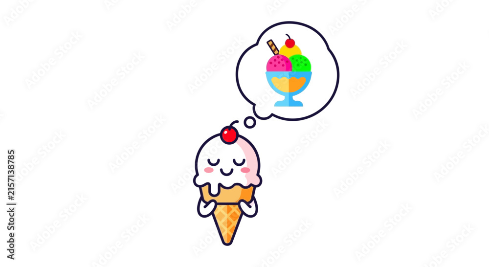 Naklejka premium Cute Ice Cream Cone Dreaming of Sundae Dessert