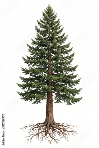 Mature Douglas Fir tree, towering straight trunk with dense layered evergreen branches, exposed visible roots, 23 ratio, isolated on seamless pure white background