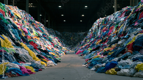 Massive piles of discarded multi-colored clothing fill a warehouse. This represents the environmental impact of fast fashion waste and industry pollution.
