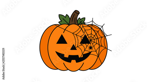 Halloween Pumpkin Jack o Lantern with Spiders and Web Isolated