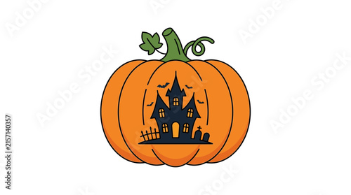 Halloween Pumpkin with Haunted House Silhouette Isolated