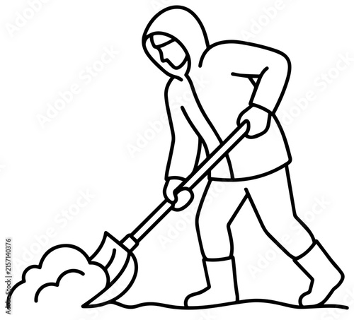 Person wearing winter hood coat and boots shoveling snow with tool outline drawing for cold climate weather services.