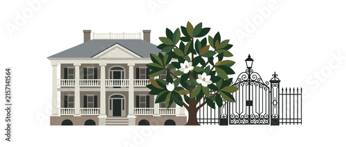 Southern Mansion Estate Isolated With Magnolia Tree and Ornate Gate