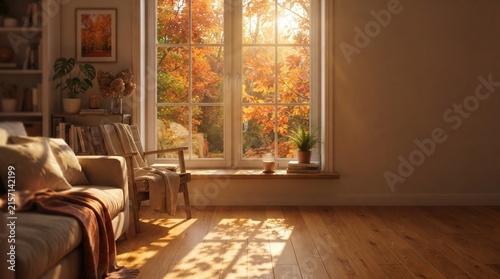 Warm autumn sunlight through a living room window with colorful trees outside, peaceful home atmosphere and seasonal interior background.