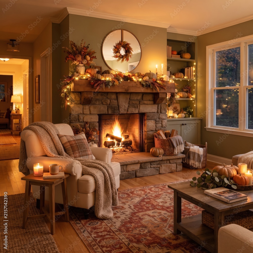 Fototapeta premium Warm autumn living room with cozy sofa, blankets and seasonal decor, comfortable home interior and relaxing fall evening.