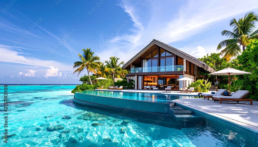 Fototapeta premium Modern beachfront house with infinity pool at sunset.