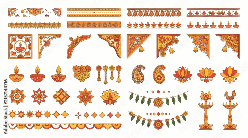Fototapeta premium Traditional Indian festive design elements collection featuring ornate borders corners diyas lamps and floral motifs for celebrations
