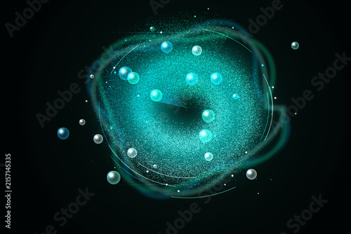 Abstract blue and green glowing atom structure with floating particles spinning in a dark space for scientific design