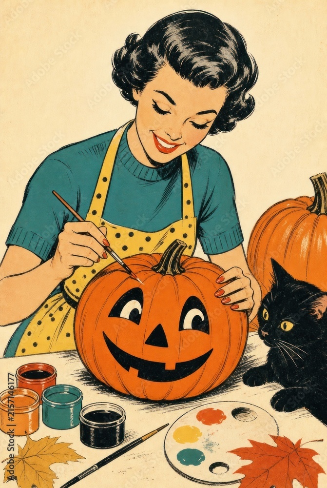 Naklejka premium Retro Halloween pumpkin carving with black cat.