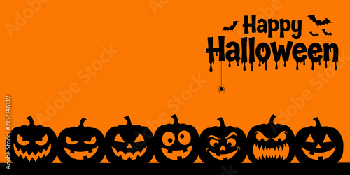 Happy halloween banner with spooky jackolantern silhouettes and dripping text on orange background