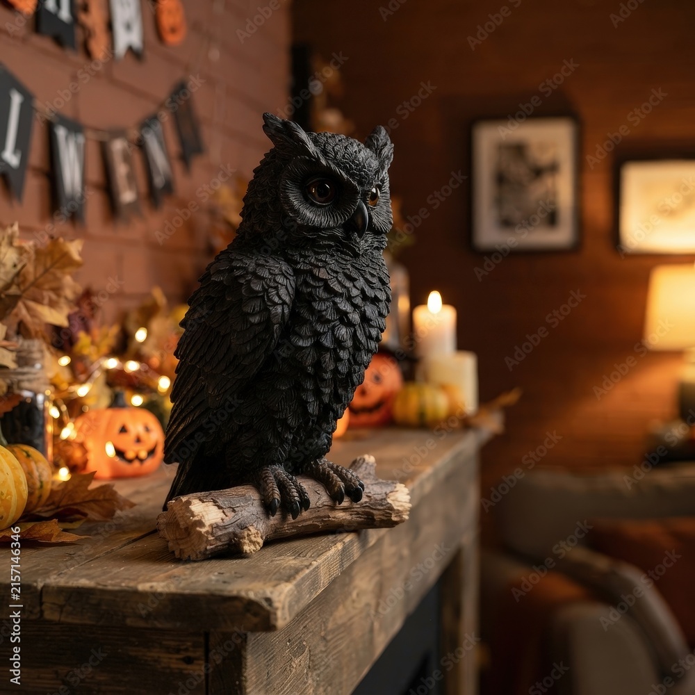 Naklejka premium Black raven perched among Halloween decorations for spooky storytelling, gothic home decor and seasonal event promotions.