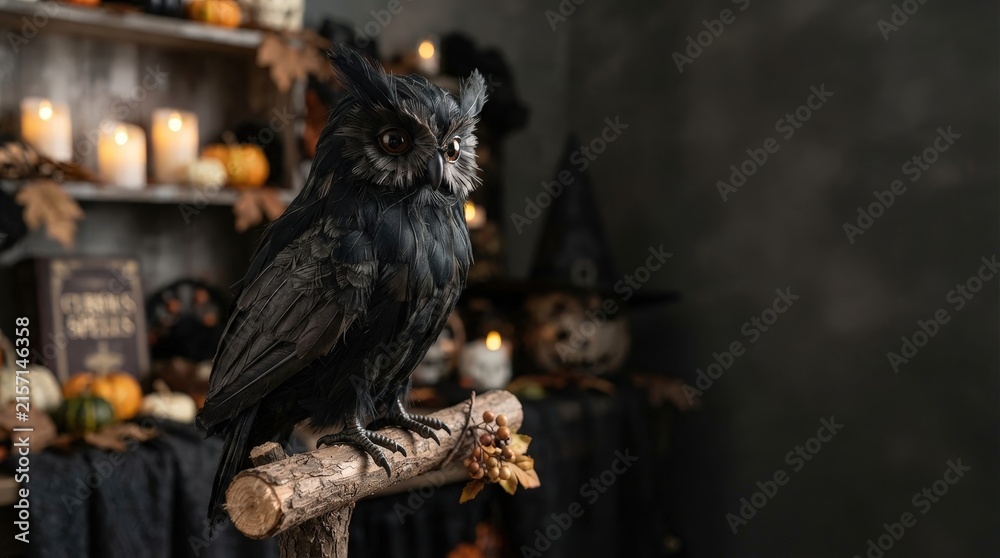 Naklejka premium Black raven perched among Halloween decorations for spooky storytelling, gothic home decor and seasonal event promotions.
