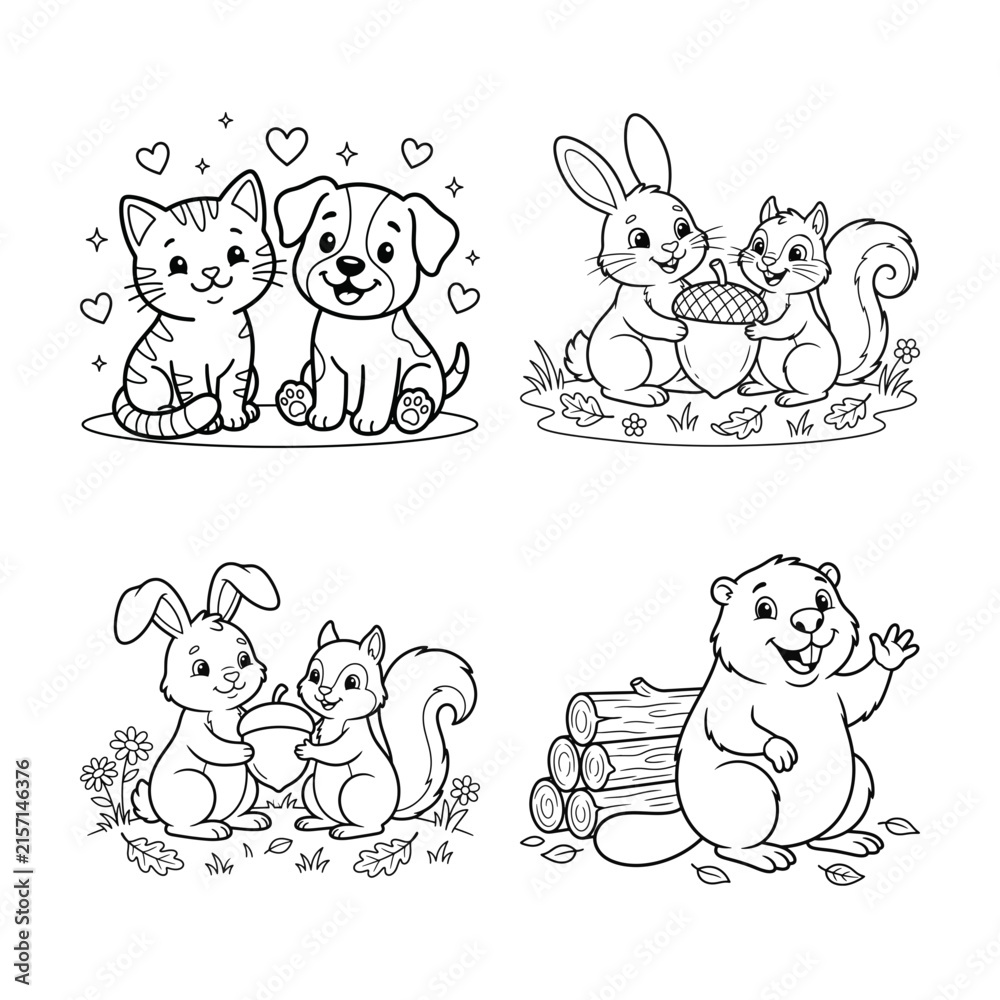 Fototapeta premium Charming hand drawn illustrations of adorable animals interacting in a whimsical forest setting