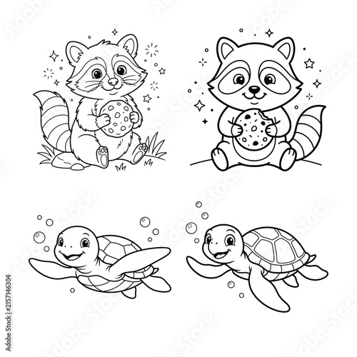 Set of cute cartoon raccoons eating cookies and happy sea turtles swimming for children coloring book page design