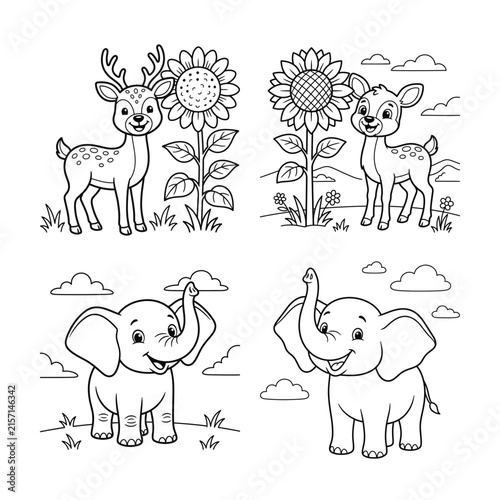 Set of cute black and white coloring page illustrations featuring adorable baby deer and happy elephants for kids