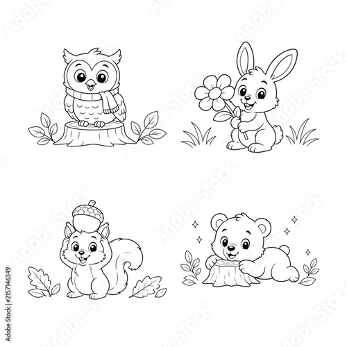 Set of four cute animal coloring page illustrations for children featuring a tiger bunny lion and bear