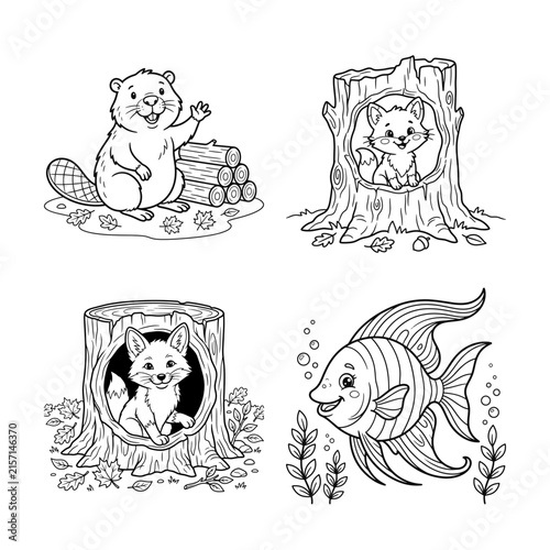 Vintage style illustrations of a bear raccoon fox and fish in a natural setting