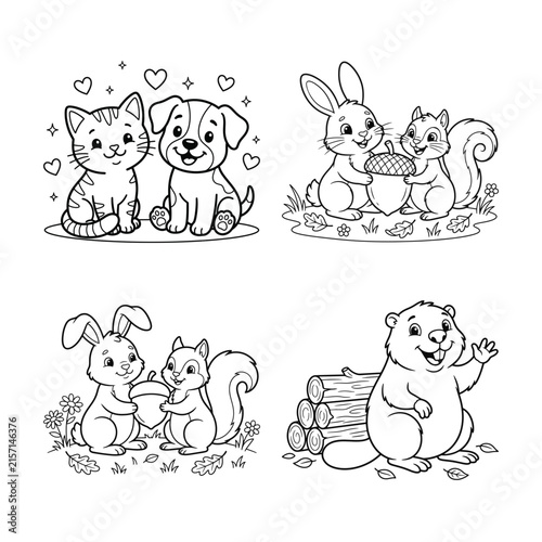 Charming hand drawn illustrations of adorable animals interacting in a whimsical forest setting