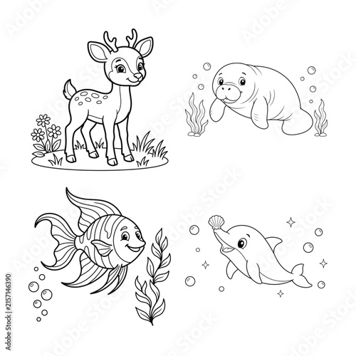A collection of cute animal coloring page illustrations featuring a deer a manatee a fish and a dolphin