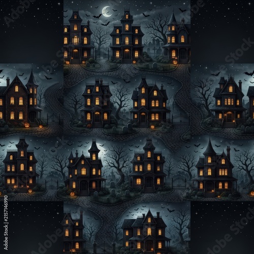 haunted house pattern on dark blue background for Halloween fabric, wrapping paper, packaging and party graphics.