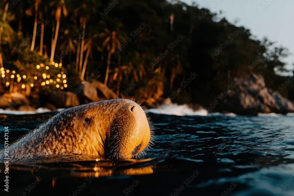 Naklejka premium Dugong surfaces, whiskered nose above water. Tropical shoreline with palms and lights in the background. Marine wildlife close-up