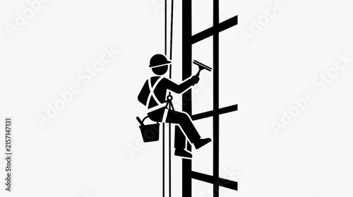 High Rise Window Cleaner Using Ladder, Building Exterior Maintenance Worker and Professional Cleaning Vector