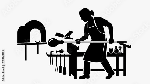 Blacksmith Working at Traditional Forge, Metalworking Craftsman Shaping Hot Iron with Hammer Vector Illustration