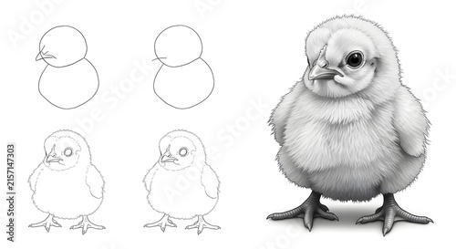 Step by step drawing tutorial showing how to sketch a cute fluffy baby chick