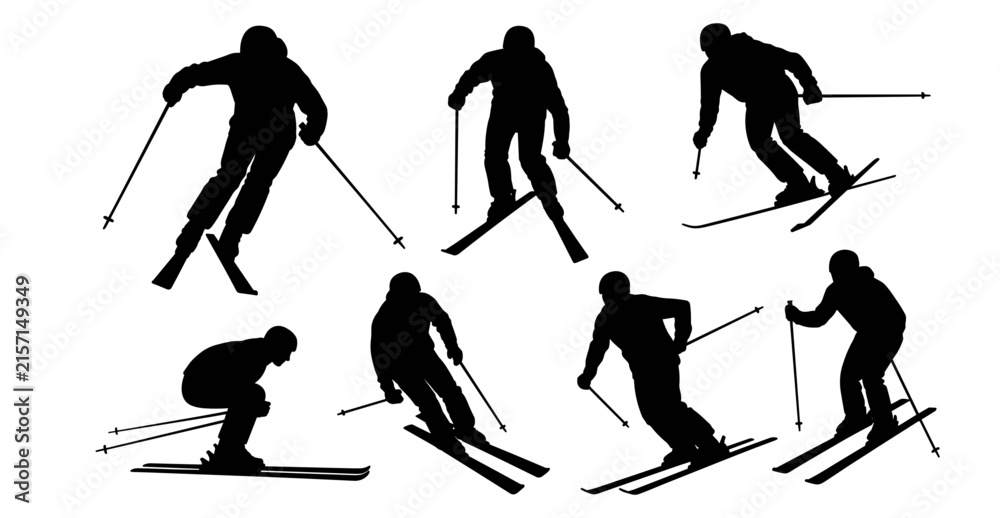 Fototapeta premium A collection of six silhouettes of people skiing in various positions on a solid white background