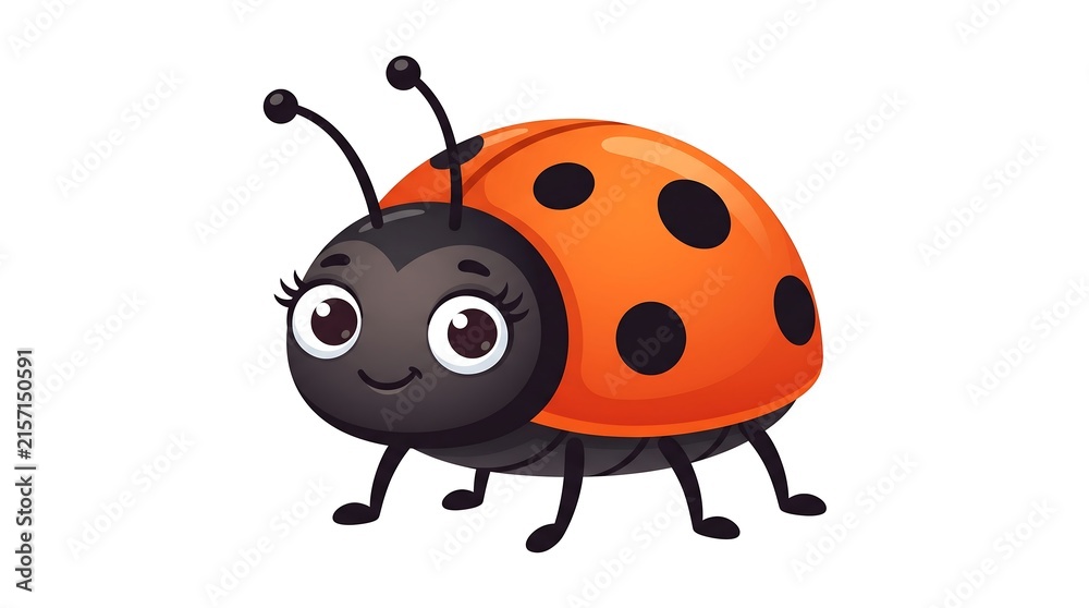 Fototapeta premium Cute ladybug cartoon character, friendly red beetle with black spots, cheerful insect illustration for kids education and nature projects