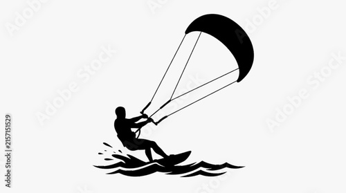 Kitesurfing Athlete Riding a Board on Ocean Waves with Large Kite, Extreme Water Sport and Outdoor Adventure Vector