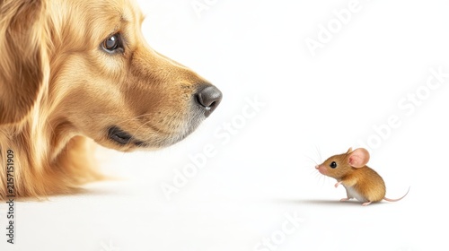 Golden retriever dog looks at tiny brown mouse on white background for curiosity concept.