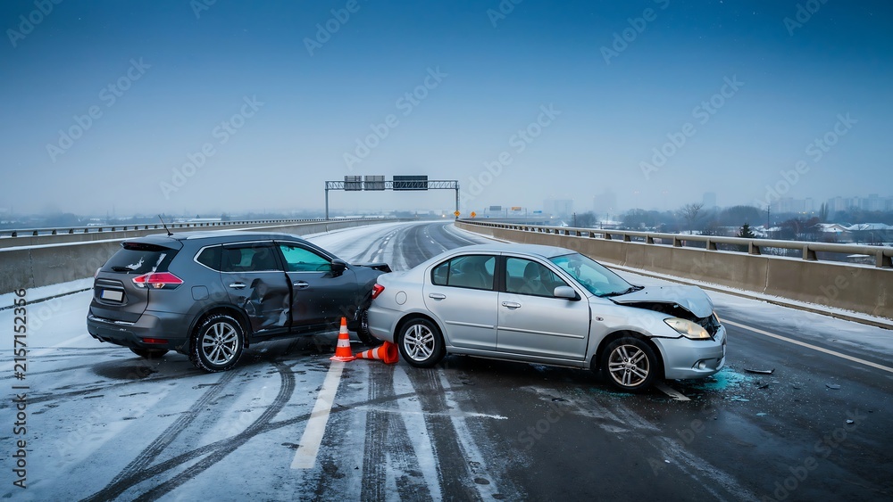 Fototapeta premium Two damaged cars involved in a highway accident on a cold winter day