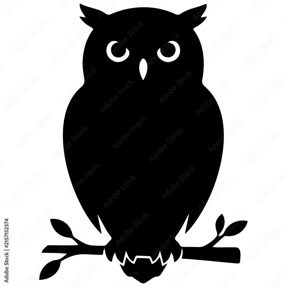 Obraz premium Black owl silhouette sitting on leafy branch for nocturnal wildlife and wisdom concept art.