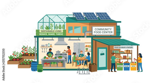 Flat Vector Illustration of Sustainable Community Food Center and Greenhouse