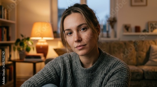 Authentic head-and-shoulders portrait of a thoughtful young woman in a warm evening setting.