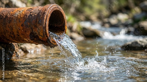 A rusty drainage pipe conveys water flow to manage stormwater and reduce erosion.