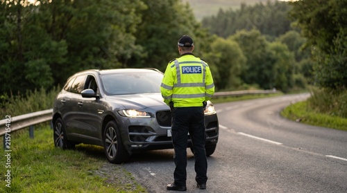 A police officer in a high-visibility jacket stands beside a stopped car on a winding rural road, surrounded by lush green trees and foliage.
