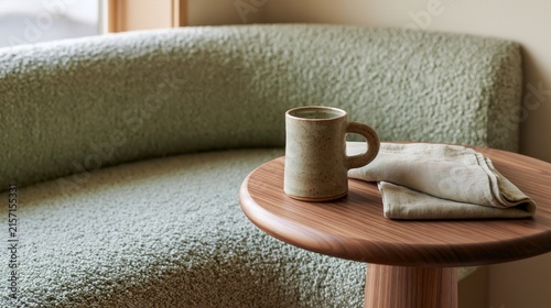 Ceramic coffee mug on wooden table beside curved green sofa
