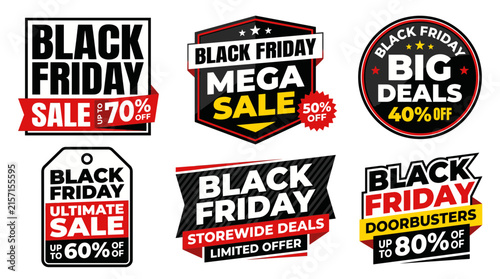 Collection of Black Friday sale badges featuring discounts like 70%, 60%, and 80% with bold typography.