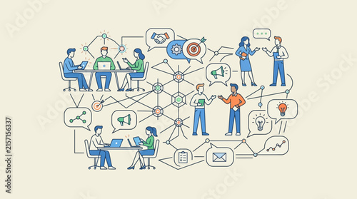 Minimalist of Collaborative Networking Teamwork Communication and Business Strategy Concepts with high quality professional line art symbols for modern creative design and digital branding projects