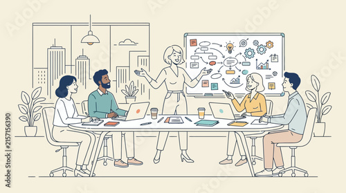 Minimalist of Collaborative Team Brainstorming Session in Modern Office with Digital Tools and Friendly Interaction
