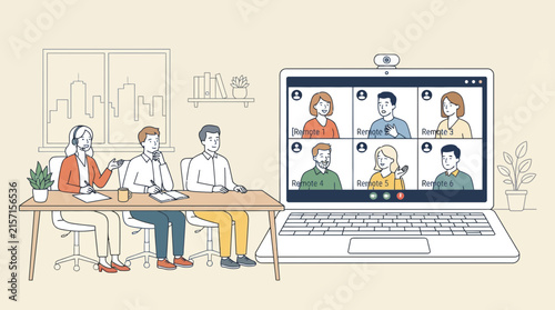 Minimalist of Hybrid Team Meeting with In Person and Remote Participants in Office Setting with high quality professional line art symbols for modern creative design and digital branding projects